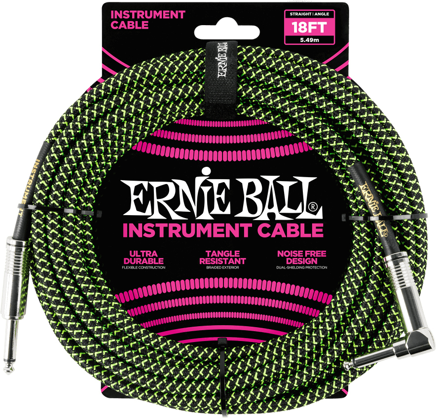 Ernie Ball P06082 Braided 18ft Straight / Angle Instrument Cable 5.49m Droit / Coude Black & Green - Accordeur - Main picture