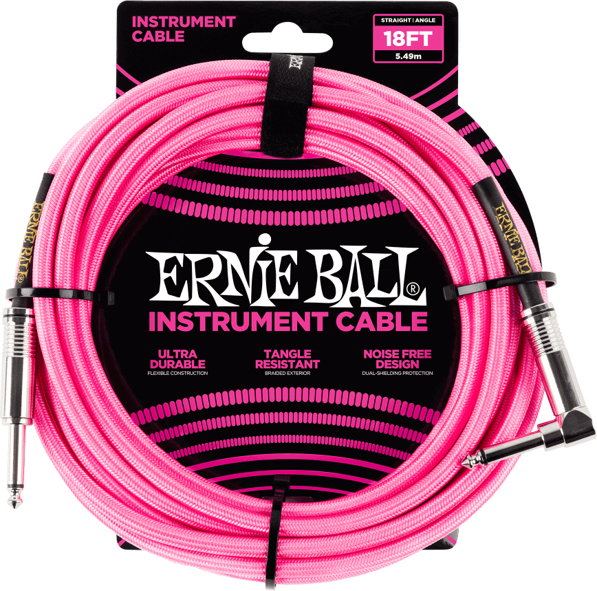 Ernie Ball P06083 Braided 18ft Straight / Angle Instrument Cable 5.49m Droit / Coude Neon Pink - Accordeur - Main picture