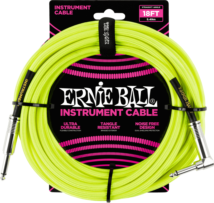 Ernie Ball P06085 Braided 18ft Straight / Angle Instrument Cable 5.49m Droit / Coude Neon Yellow - Accordeur - Main picture