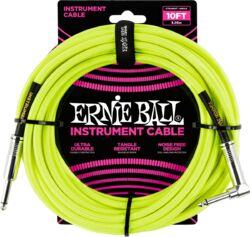 Câble Ernie ball Cables Instrument Gaine Tissée Jack/Jack Coudé 3m Jaune Fluo