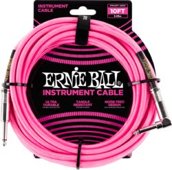 Câble Ernie ball Cables instrument Gaine Tissée Jack/Jack Coudé 3m Rose Fluo