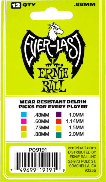 Médiator & onglet Ernie ball Everlast Sachet de 12 Vert 0,88mm