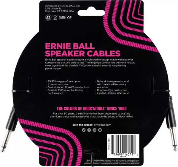 Câble Ernie ball P06071 3in Straigth / Straigth Speaker Cable - Black