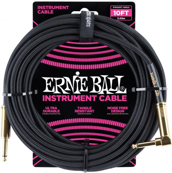 Accordeur Ernie ball P06081 Braided 10ft Straigth / Angle Instrument Cable - Black