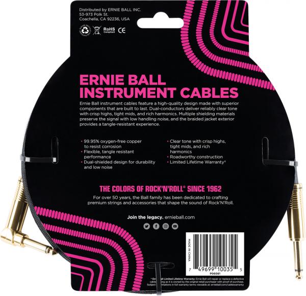 Accordeur Ernie ball P06081 Braided 10ft Straigth / Angle Instrument Cable - Black