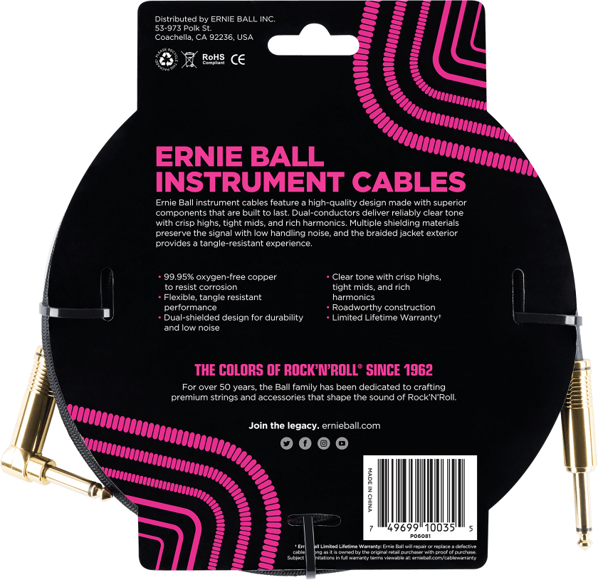 Ernie Ball P06081 Braided 10ft Straight / Angle Instrument Cable 3.05m Droit / Coude Black - CÂble - Variation 1