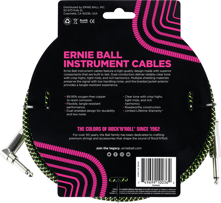 Ernie Ball P06082 Braided 18ft Straight / Angle Instrument Cable 5.49m Droit / Coude Black & Green - Accordeur - Variation 1