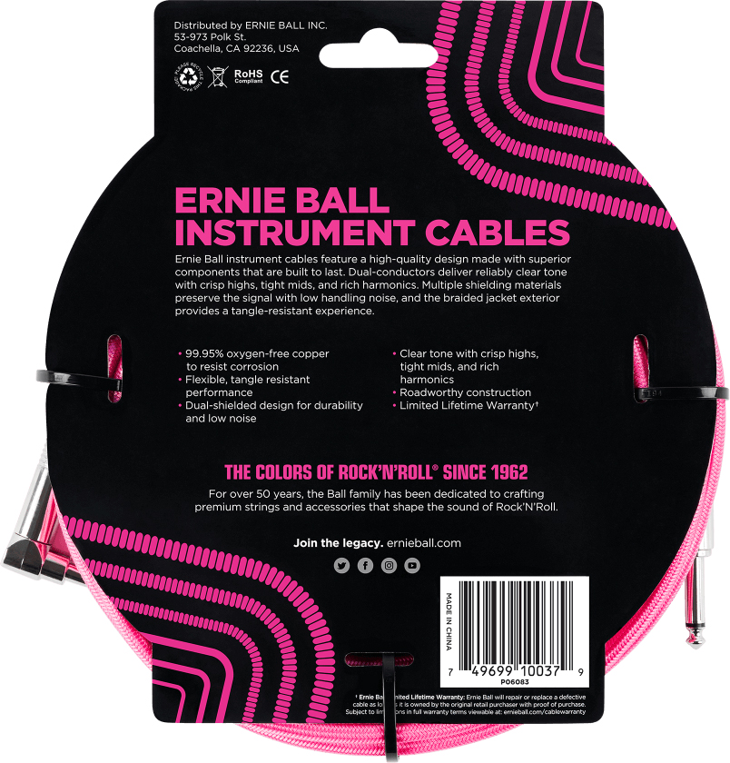Ernie Ball P06083 Braided 18ft Straight / Angle Instrument Cable 5.49m Droit / Coude Neon Pink - Accordeur - Variation 1