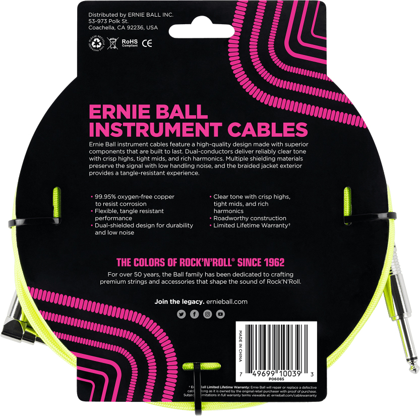 Ernie Ball P06085 Braided 18ft Straight / Angle Instrument Cable 5.49m Droit / Coude Neon Yellow - Accordeur - Variation 1