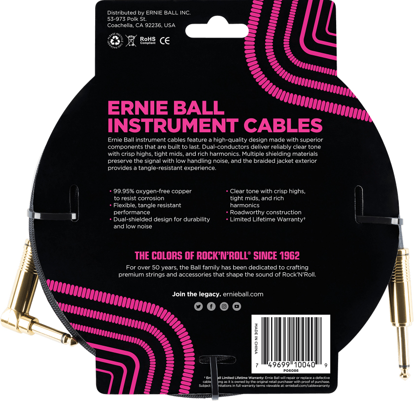 Ernie Ball P06086 Braided 18ft Straight / Angle Instrument Cable 5.49m Droit / Coude Black - CÂble - Variation 1