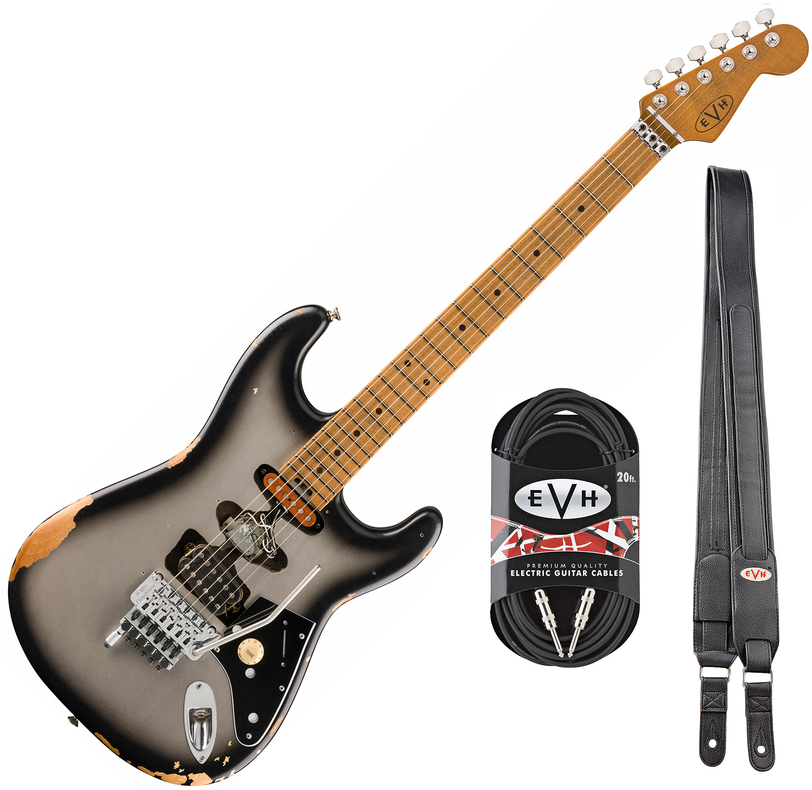 Evh Frankenstein Relic Mex 1h Fr Mn + Premium Cable 42.inc + Premium Strap - Silverburst - Pack Guitare Électrique - Main picture