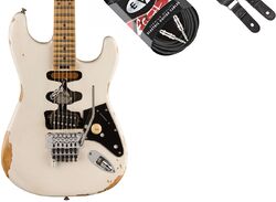 Guitare électrique forme str Evh Frankenstein Relic + Premium Cable 20 ft + Premium Leather Strap - white