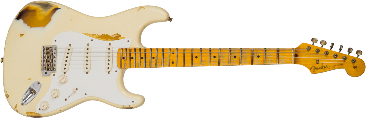 Fender Custom Shop Strat 1956 3s Trem Mn #cz550419 - Heavy Relic Vintage White Over Sunburst - Guitare Électrique Forme Tel - Main picture