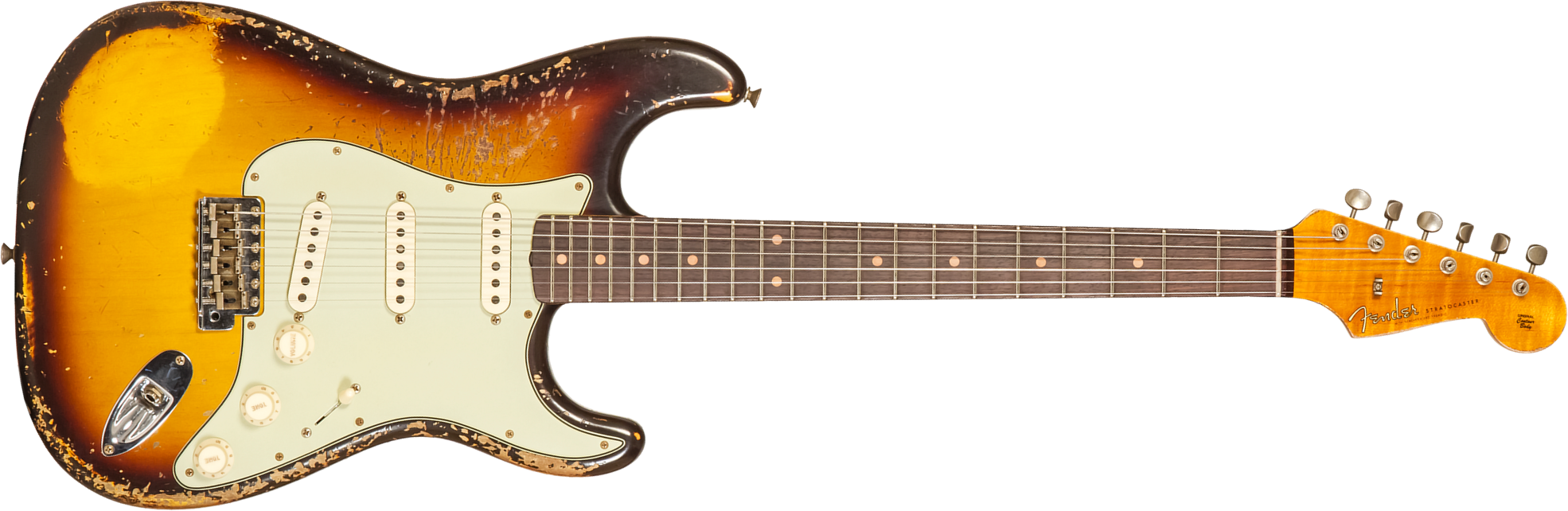 Fender Custom Shop Strat 1959 3s Trem Rw #cz571958 - Super Heavy Relic Aged Chocolate 3-color Sunburst - Guitare Électrique Forme Str - Main picture