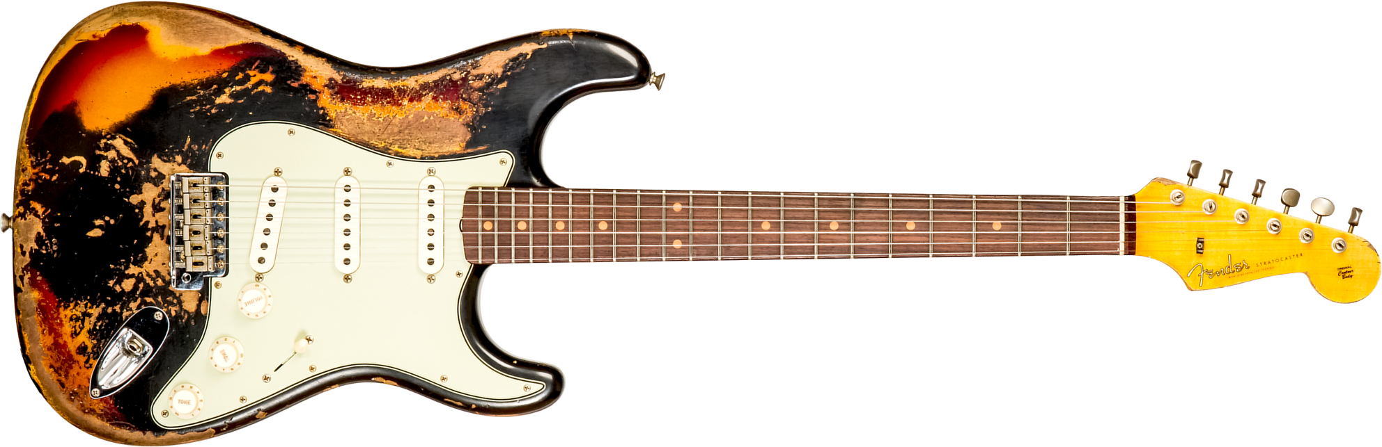 Fender Custom Shop Strat 1959 3s Trem Rw #cz576154 - Super Heavy Relic Black O. 3-color Sunburst - Guitare Électrique Forme Str - Main picture