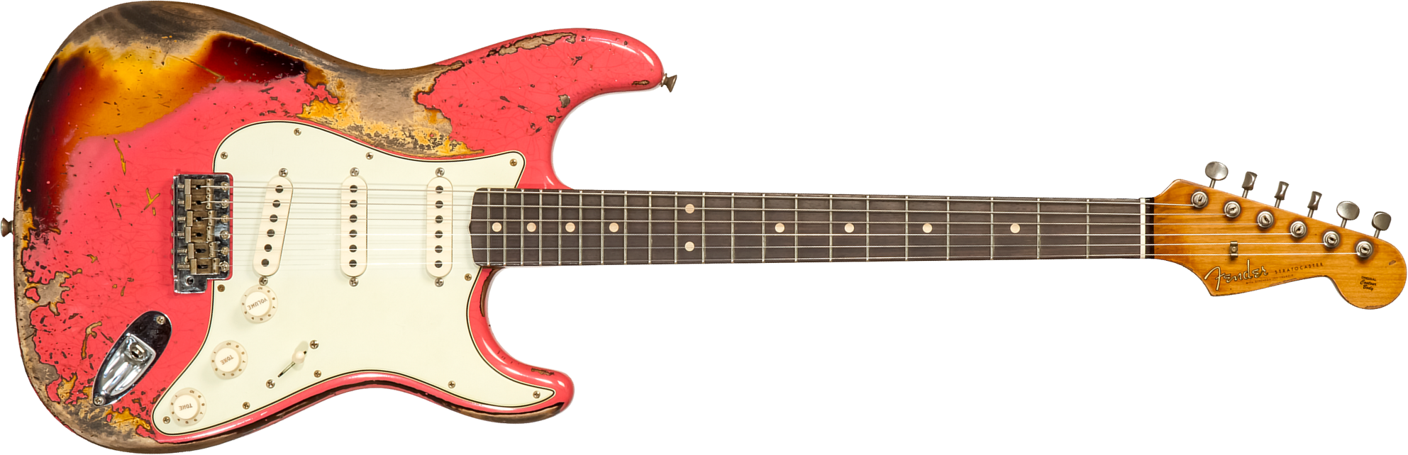 Fender Custom Shop Strat 1960/63 3s Trem Rw #cz566764 - Super Heavy Relic Fiesta Red Ov. 3-color Sunburst - Guitare Électrique Forme Str - Main pictur
