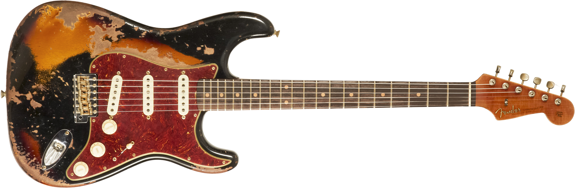 Fender Custom Shop Strat 1960 Roasted 3s Trem Rw #cz581166 - Super Heavy Relic Black O. 2-color Sunburst - Guitare Électrique Forme Str - Main picture
