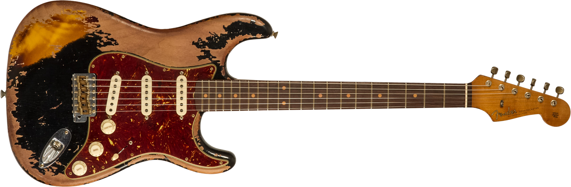 Fender Custom Shop Strat 1960 Roasted 3s Trem Rw #cz581210 - Super Heavy Relic Black O. 2-color Sunburst - Guitare Électrique Forme Str - Main picture