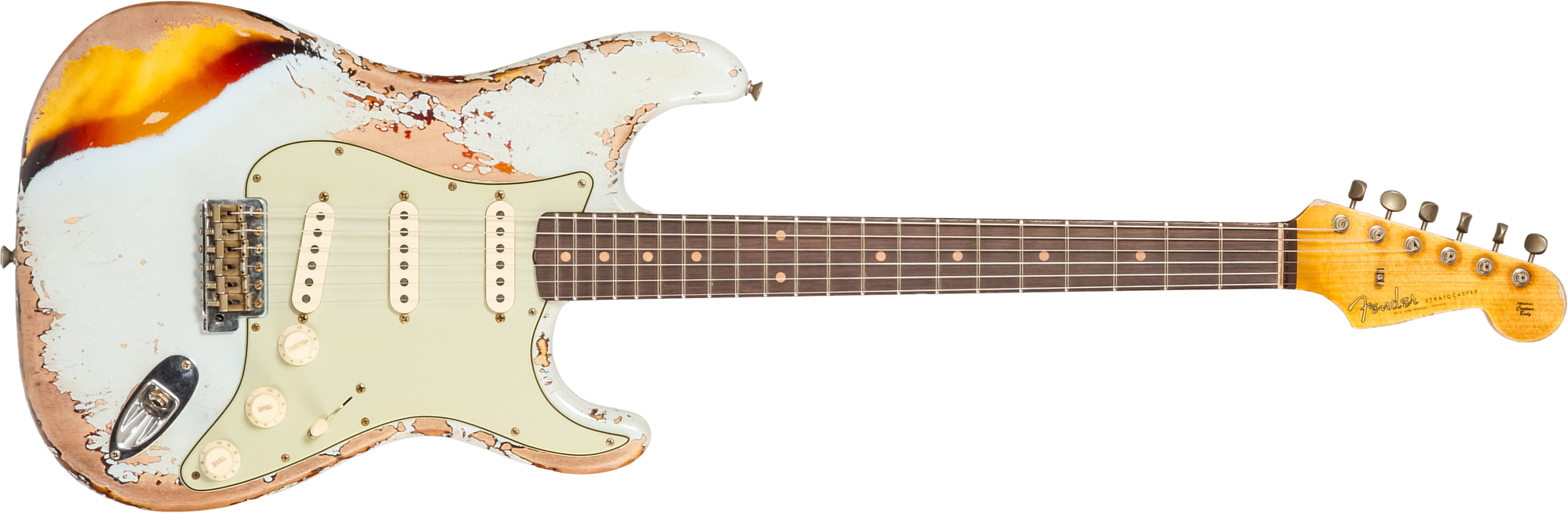 Fender Custom Shop Strat 1961 Bone Tone 3s Trem Rw #cz583129 - Super Heavy Relic Sonic Blue O. 3-color Sunburst - Guitare Électrique Forme Str - Main 