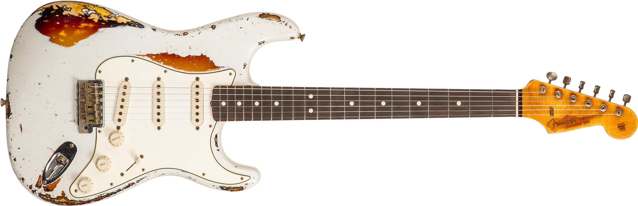 Fender Custom Shop Strat 1963 Masterbuilt K.mcmillin Bla #r117544 - Ultimate Relic Olympic White/3-color Sunburst - Guitare Électrique Forme Str - Mai