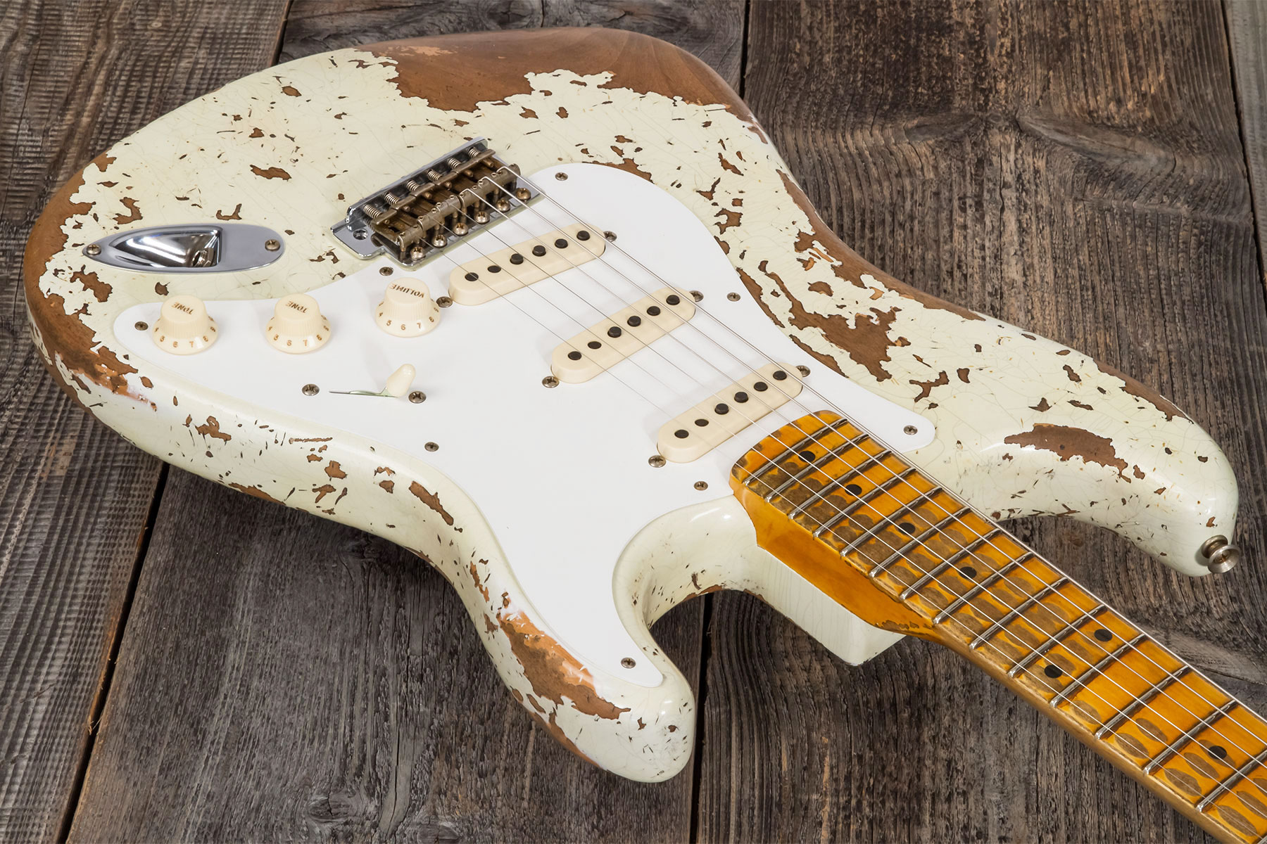 Fender Custom Shop Strat 1956 3s Trem Mn #cz568636 - Super Heavy Relic Aged India Ivory - Guitare Électrique Forme Str - Variation 2