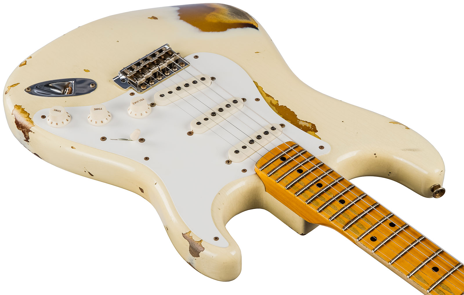 Fender Custom Shop Strat 1956 3s Trem Mn #cz550419 - Heavy Relic Vintage White Over Sunburst - Guitare Électrique Forme Tel - Variation 2