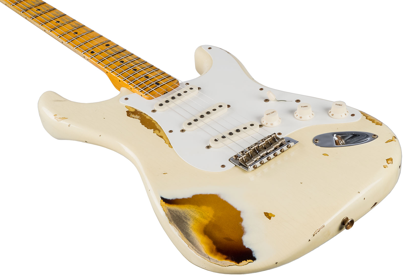 Fender Custom Shop Strat 1956 3s Trem Mn #cz550419 - Heavy Relic Vintage White Over Sunburst - Guitare Électrique Forme Tel - Variation 3