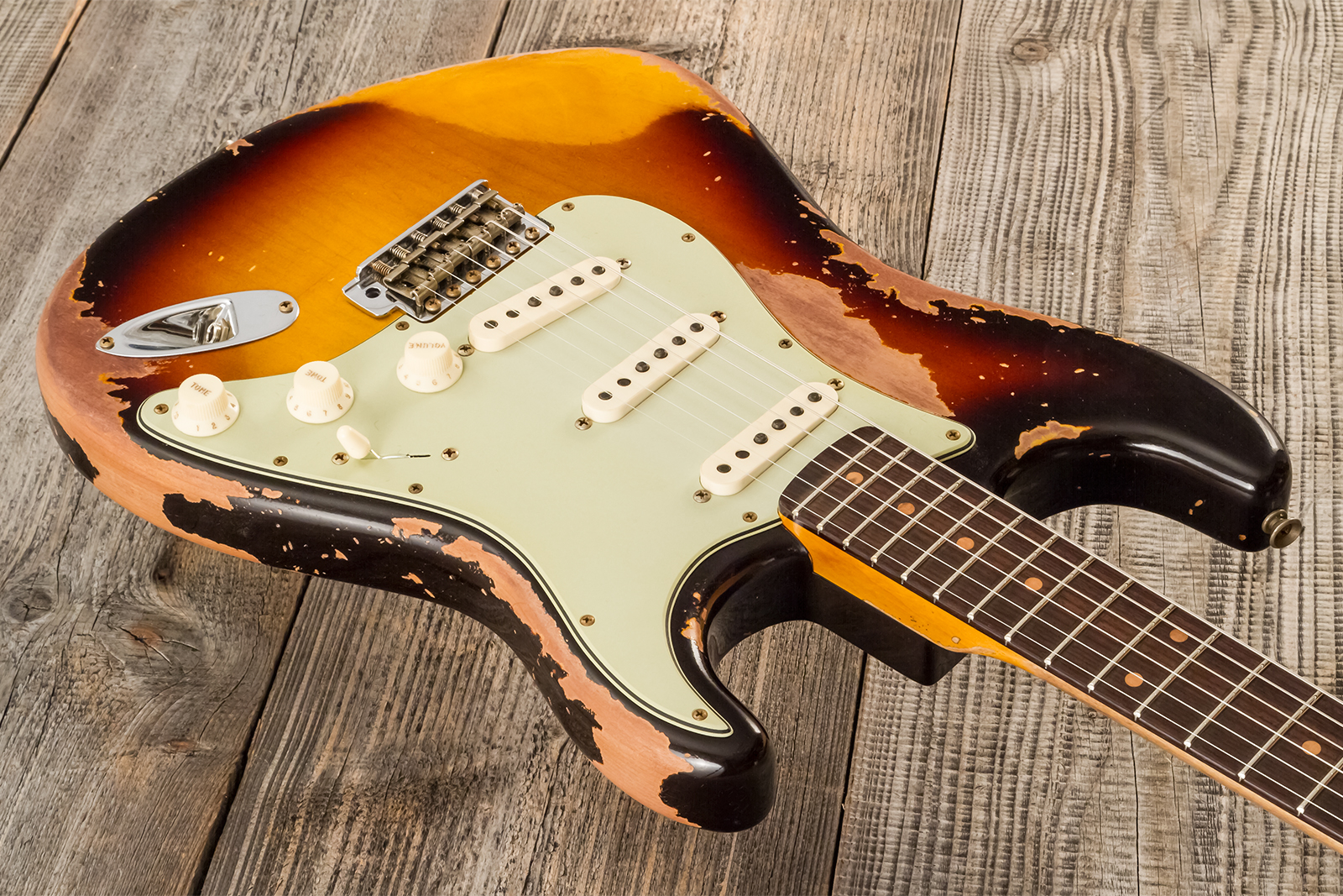 Fender Custom Shop Strat 1959 3s Trem #cz583182 - Super Heavy Relic Chocolate 3-color Sunburst - Guitare Électrique Forme Str - Variation 2