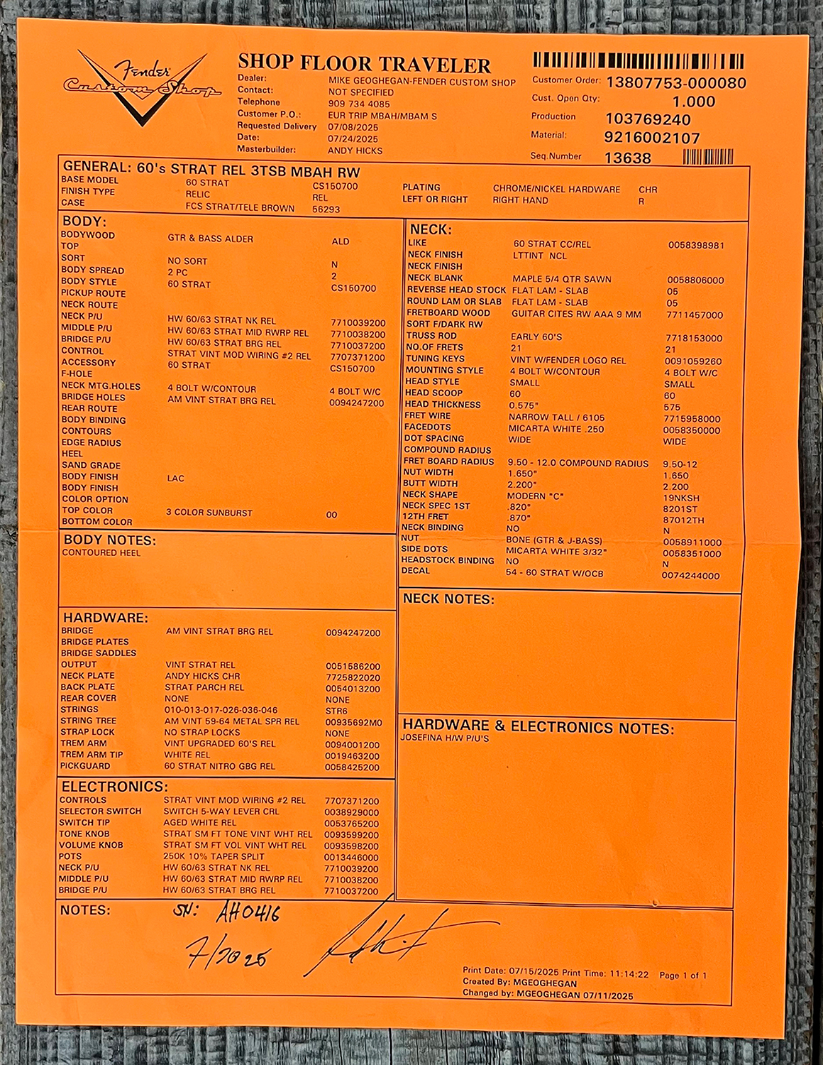 Fender Custom Shop Strat 60s Mb A.hicks 3s Trem Rw #4681 #ah0416 - Relic 3-color Sunburst - Guitare Électrique Forme Str - Variation 13