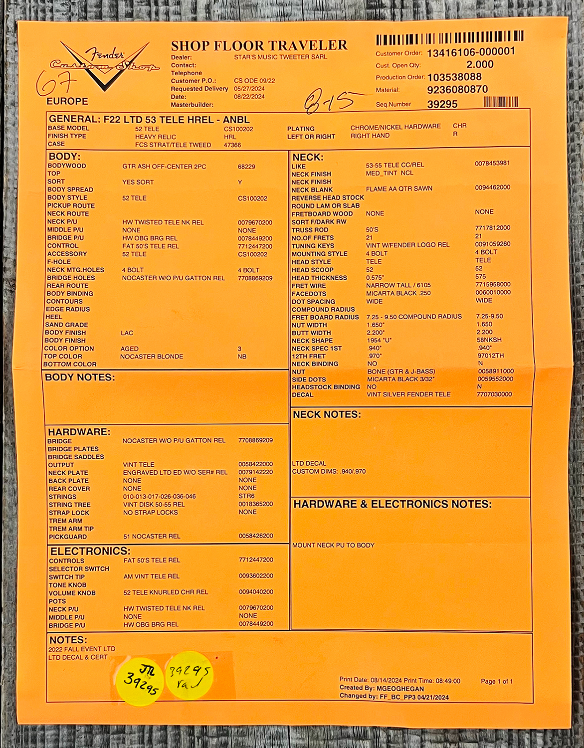 Fender Custom Shop Tele 1953 2s Ht Mn #r126760 - Heavy Relic Nocaster Blonde - Guitare Électrique Forme Tel - Variation 14
