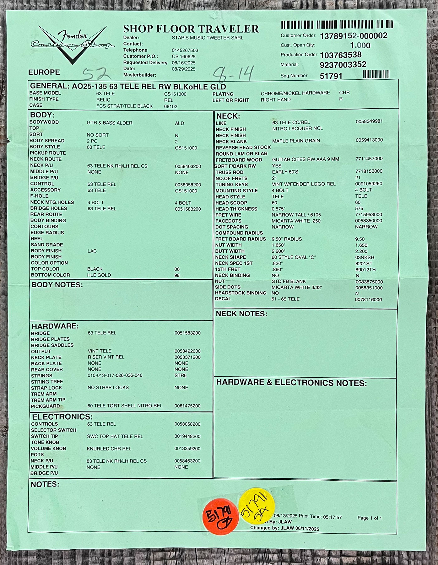 Fender Custom Shop Tele 1963 2s Ht Rw #r143447 - Black Over Hle Gold - Guitare Électrique Forme Tel - Variation 14