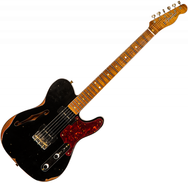 Guitare électrique solid body Fender Custom Shop Dual P90 Thinline Telecaster #CZ558087 - Relic black top / natural back