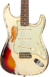 Guitare électrique forme str Fender Custom Shop 1959 Stratocaster #CZ576189 - Super heavy relic vintage white o. 3-color sunburs