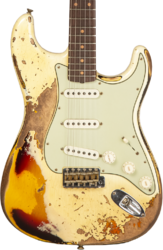 Guitare électrique forme str Fender Custom Shop 1959 Stratocaster #CZ576436 - Super Heavy Relic Vintage White O. 3-Color Sunburs