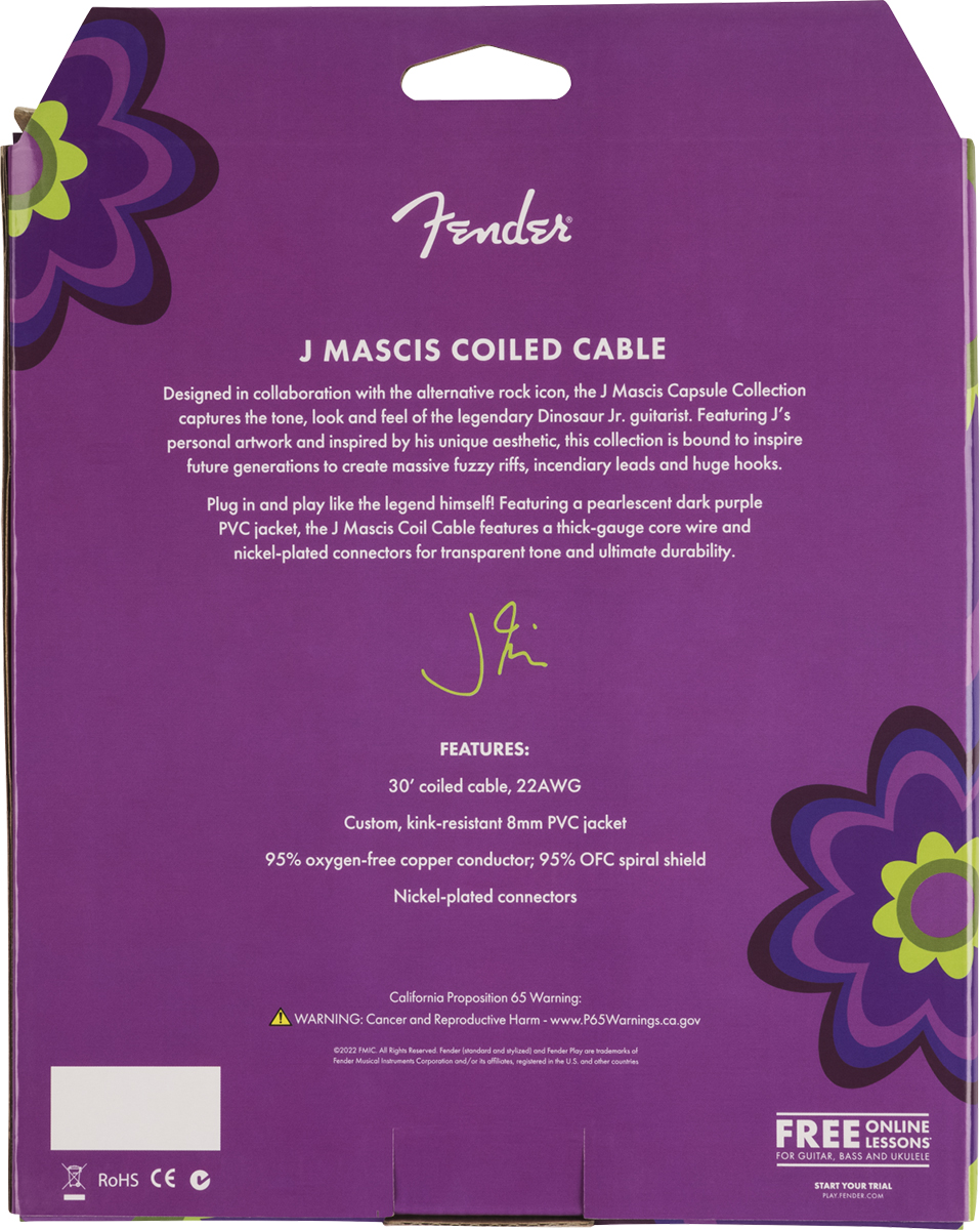 Fender J Mascis Coiled Instrument Cable Signature Droit Coude 90ft 9.14m Purple - CÂble - Variation 1
