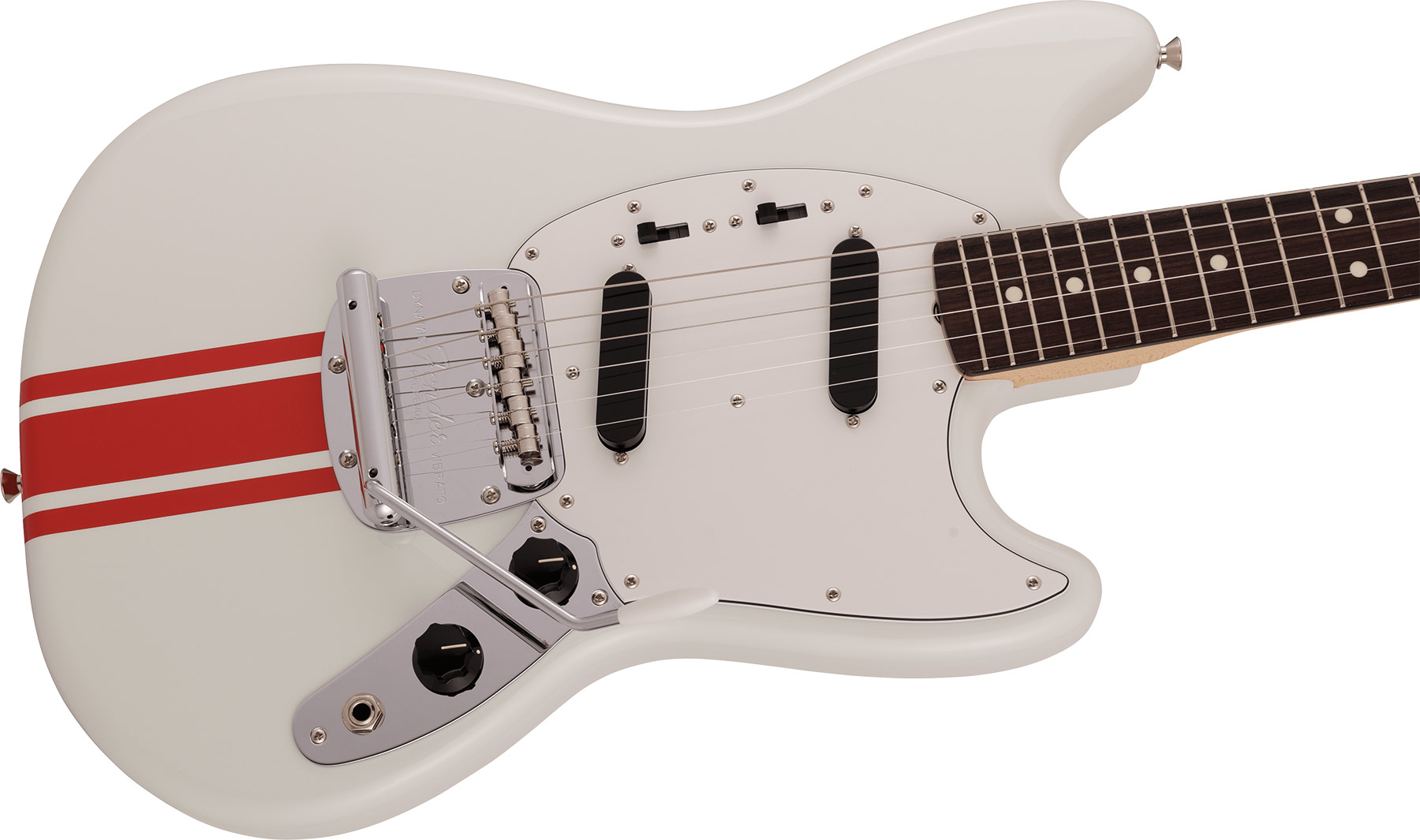 Fender Mustang Traditional 60s Mij Jap 2s Trem Rw - Olympic White W/ Red Competition Stripe - Guitare Électrique RÉtro Rock - Variation 2