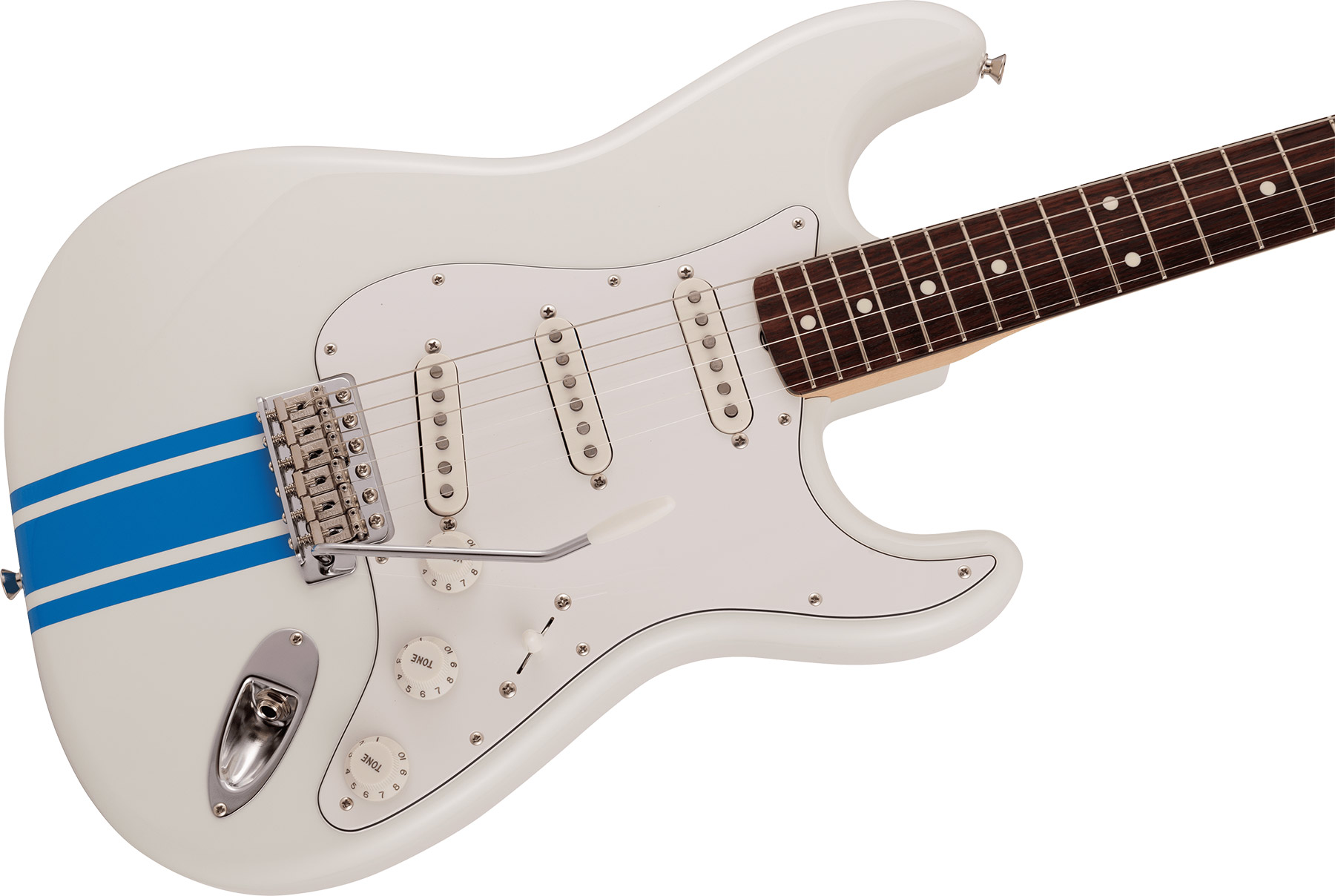 Fender Strat Traditional 60s Mij Jap 3s Trem Rw - Olympic White W/ Blue Competition Stripe - Guitare Électrique Forme Str - Variation 2