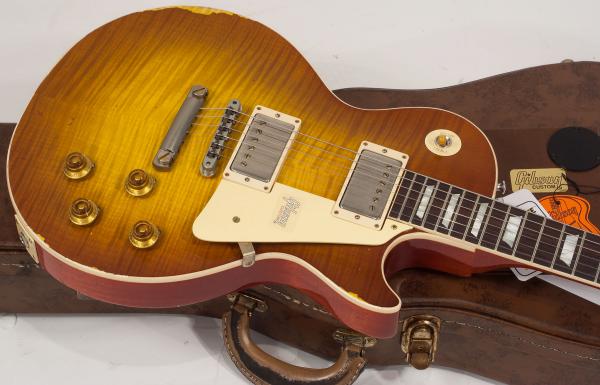 Guitare électrique solid body Gibson Custom Shop M2M 1959 Les Paul Standard #982192 - heavy aged sunrise tea burst