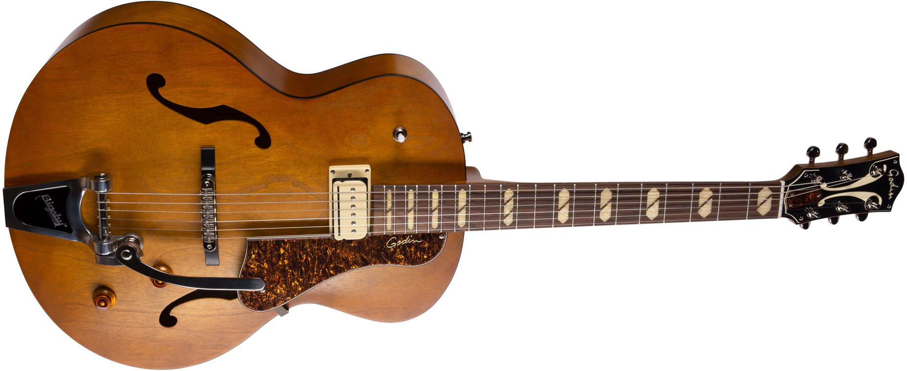 Godin 5th Avenue Jumbo P-rail 1h 1s P90 Bigsby Rw - Harvest Gold Semi-gloss - Guitare Électrique 3/4 Caisse & Jazz - Variation 1