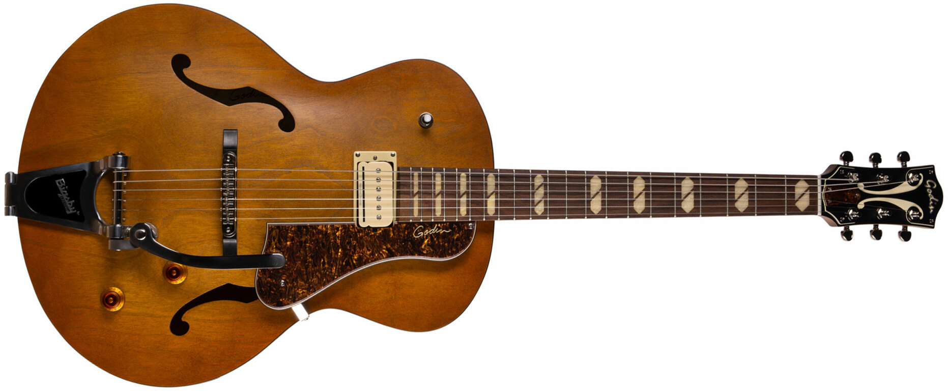 Godin 5th Avenue Jumbo P-rail 1h 1s P90 Bigsby Rw - Harvest Gold Semi-gloss - Guitare Électrique 3/4 Caisse & Jazz - Main picture