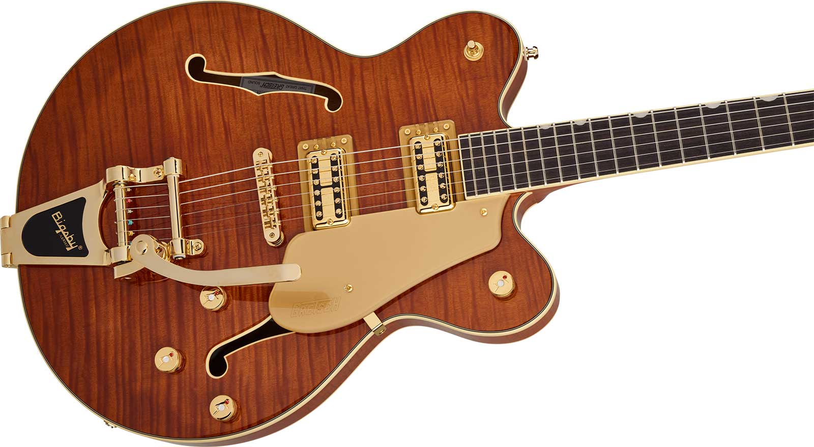 Gretsch Broadkaster Flame Okoume Dc Bigsby Electromatic 2h Trem Rw - Roundup Orange Stain - Guitare Électrique 1/2 Caisse - Variation 2