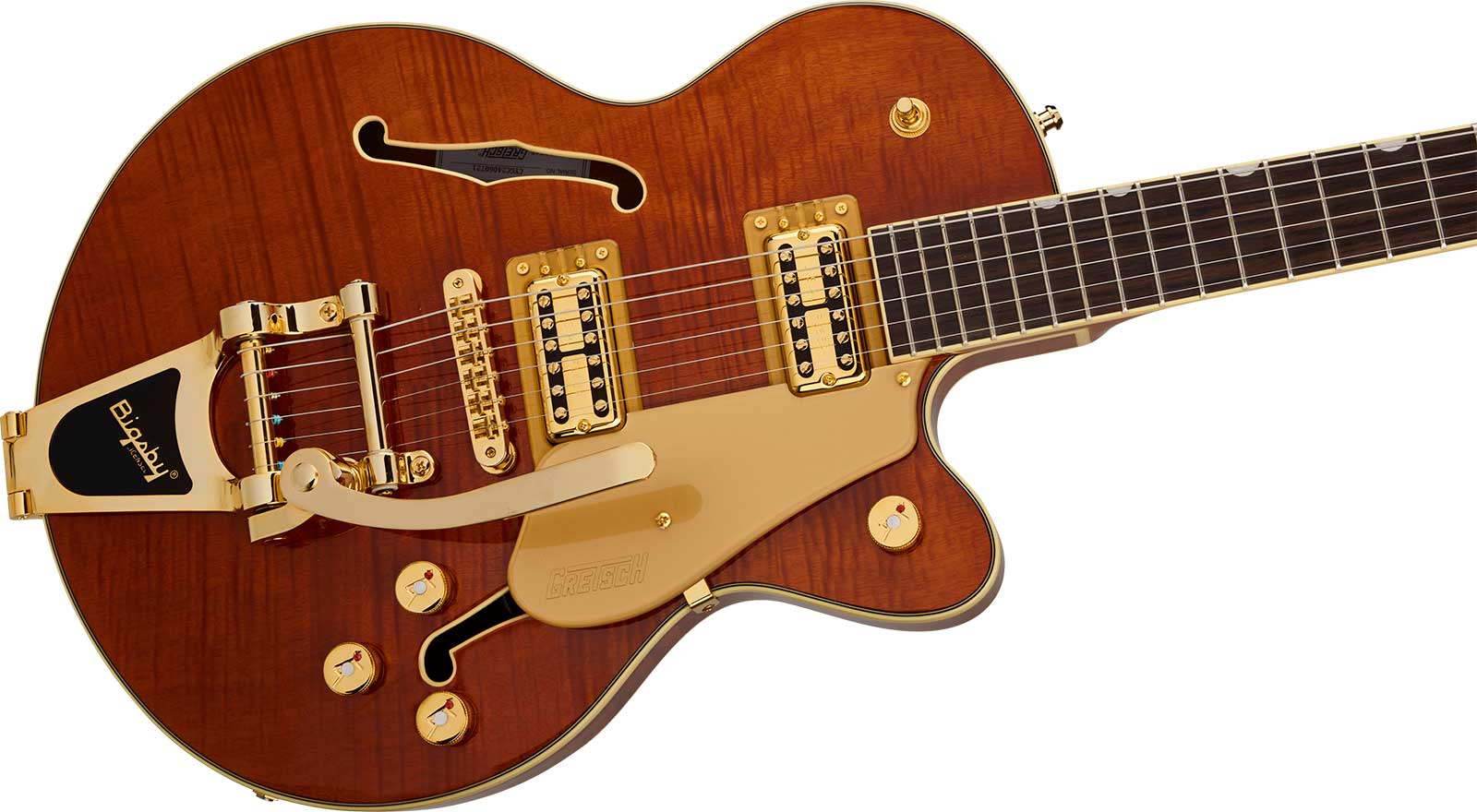 Gretsch Broadkaster Jr Flame Okoume Dc Bigsby Electromatic 2h Trem Rw - Roundup Orange Stain - Guitare Électrique 1/2 Caisse - Variation 2
