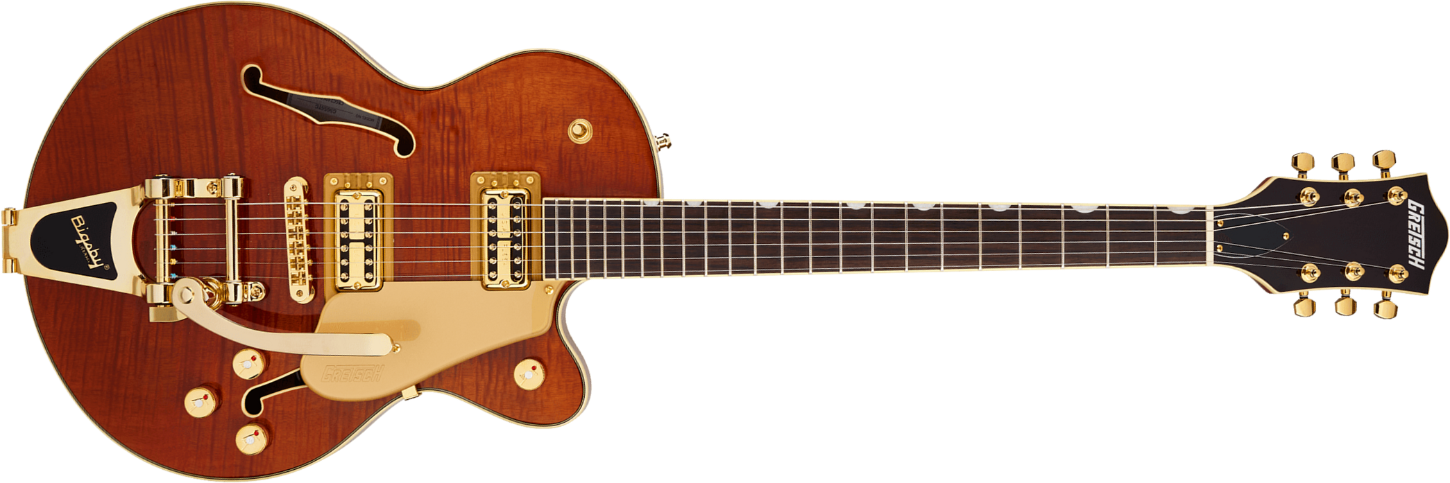 Gretsch Broadkaster Jr Flame Okoume Dc Bigsby Electromatic 2h Trem Rw - Roundup Orange Stain - Guitare Électrique 1/2 Caisse - Main picture