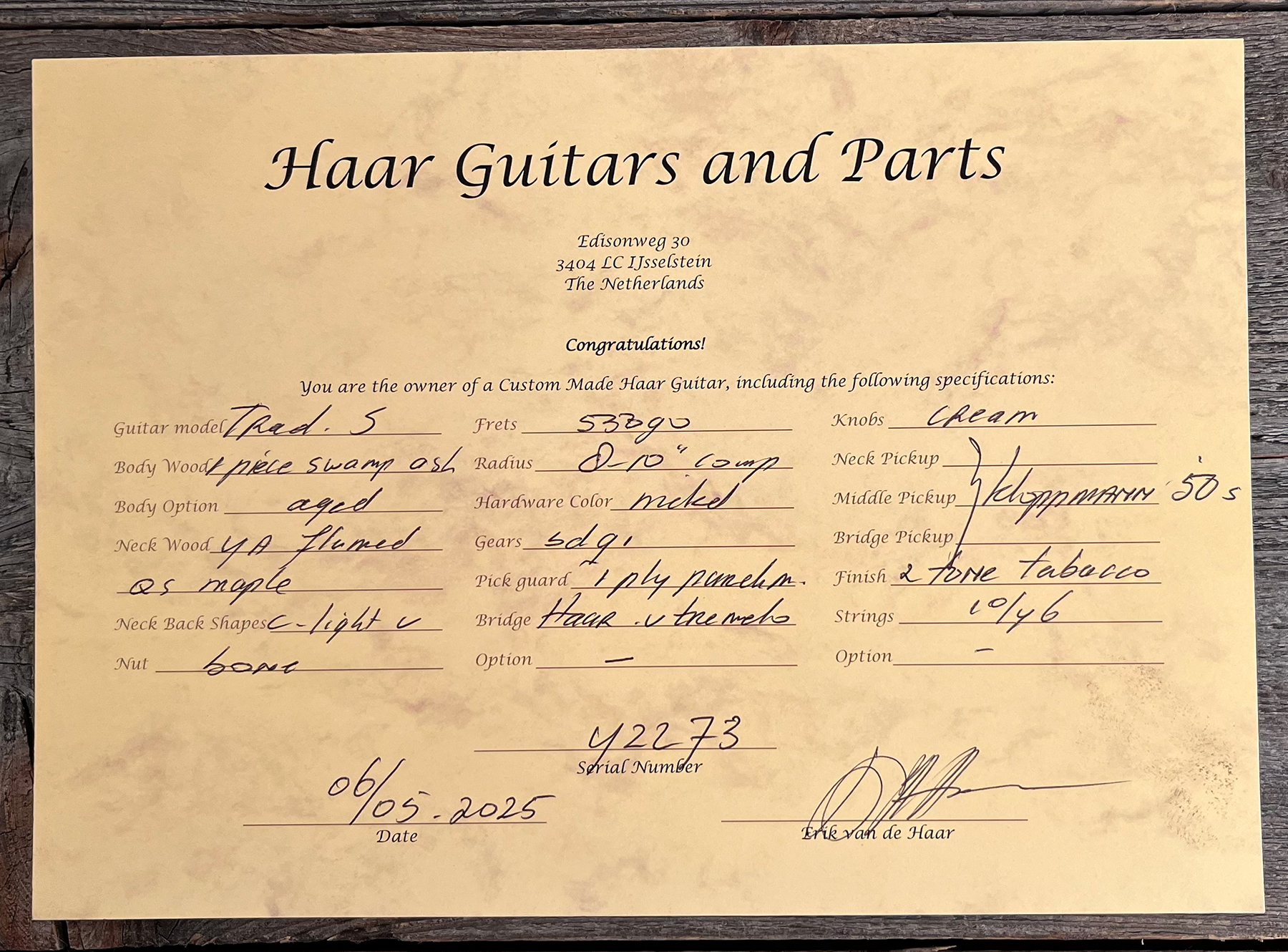 Haar Guitars Trad S 3s Kloppman Trem Mn #42273 - Aged 2-tone Tobacco - Guitare Électrique Forme Str - Variation 11