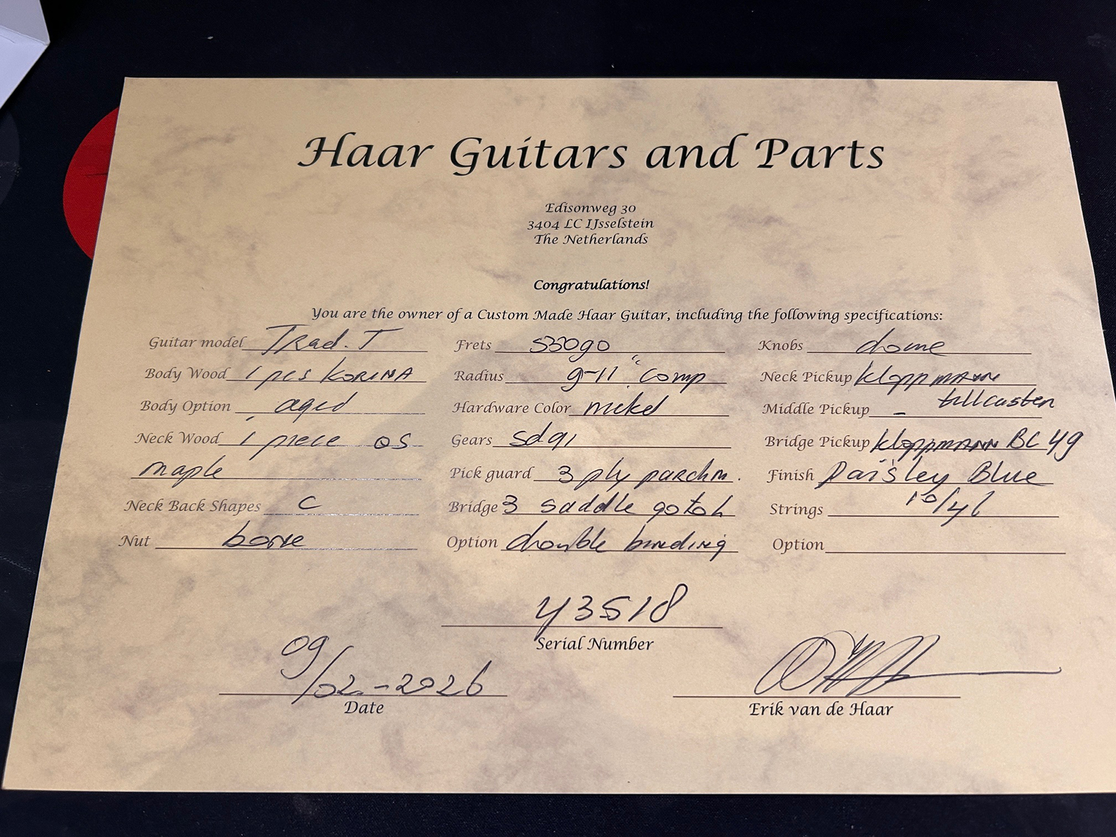 Haar Guitars Trad T Custom 2s Kloppmann Mn  #43518 - Aged Paisley Blue - Guitare Électrique Forme Tel - Variation 12