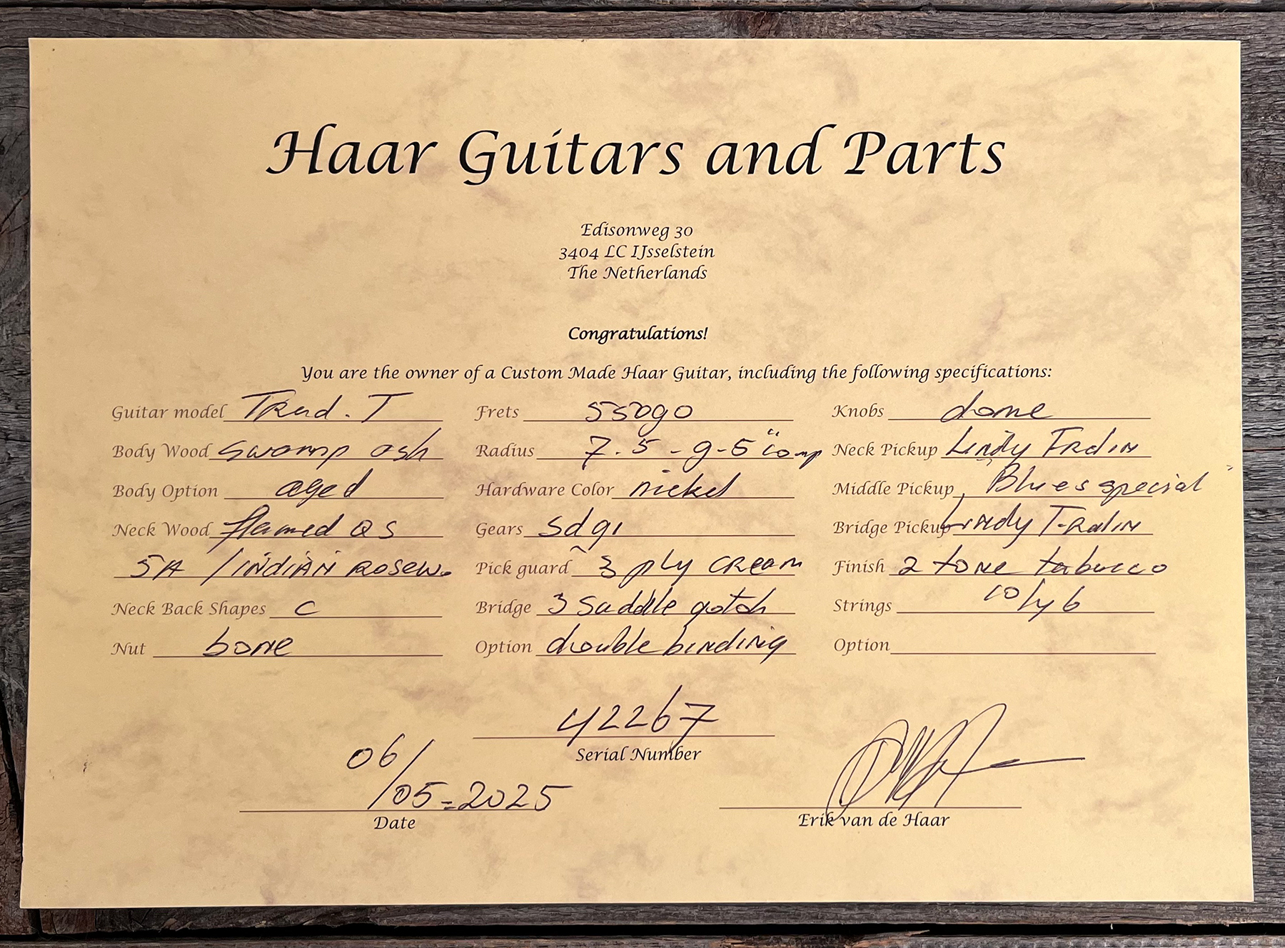 Haar Guitars Trad T Custom 2s Lindy Fralin Ht Rw #42267 - Aged 2-tone Tobacco - Guitare Électrique Forme Tel - Variation 12