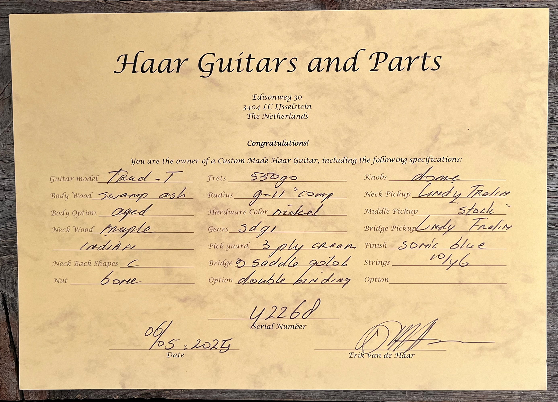 Haar Guitars Trad T Custom 2s Lindy Fralin Ht Rw #42268 - Aged Sonic Blue - Guitare Électrique Forme Tel - Variation 10