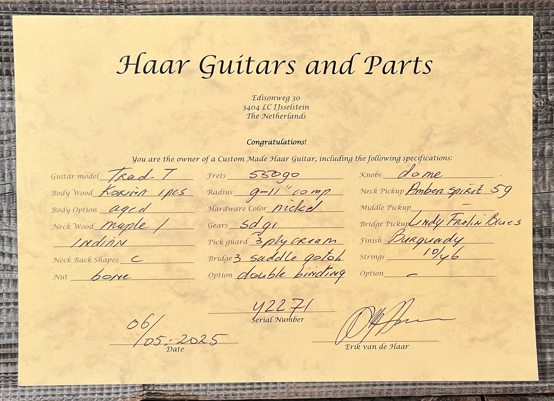 Haar Guitars Trad T Custom Sh Lindy Fralin Ht Rw #42271 - Aged Burgundy - Guitare Électrique Forme Tel - Variation 13