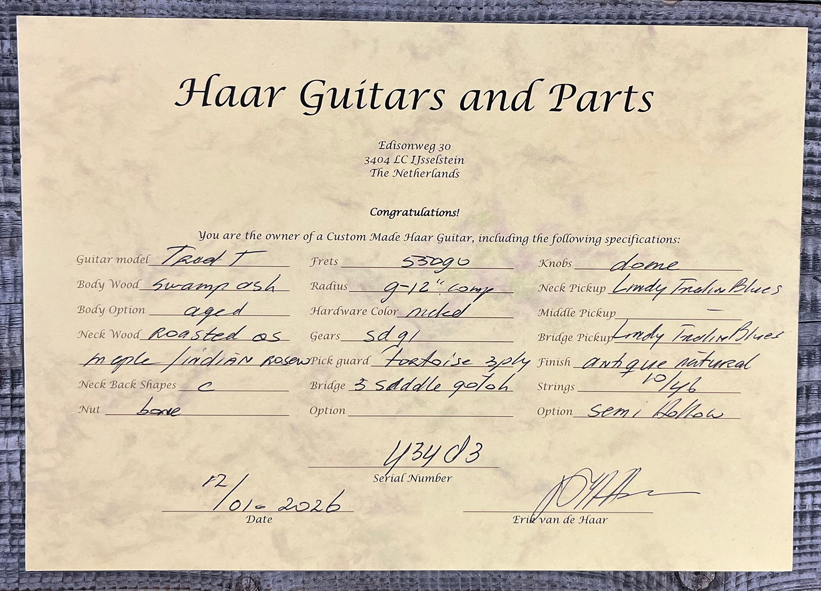 Haar Guitars Trad T Thinline 2s Lindy Fralin Rw #43483 - Aged Antique Natural - Guitare Électrique Forme Tel - Variation 11