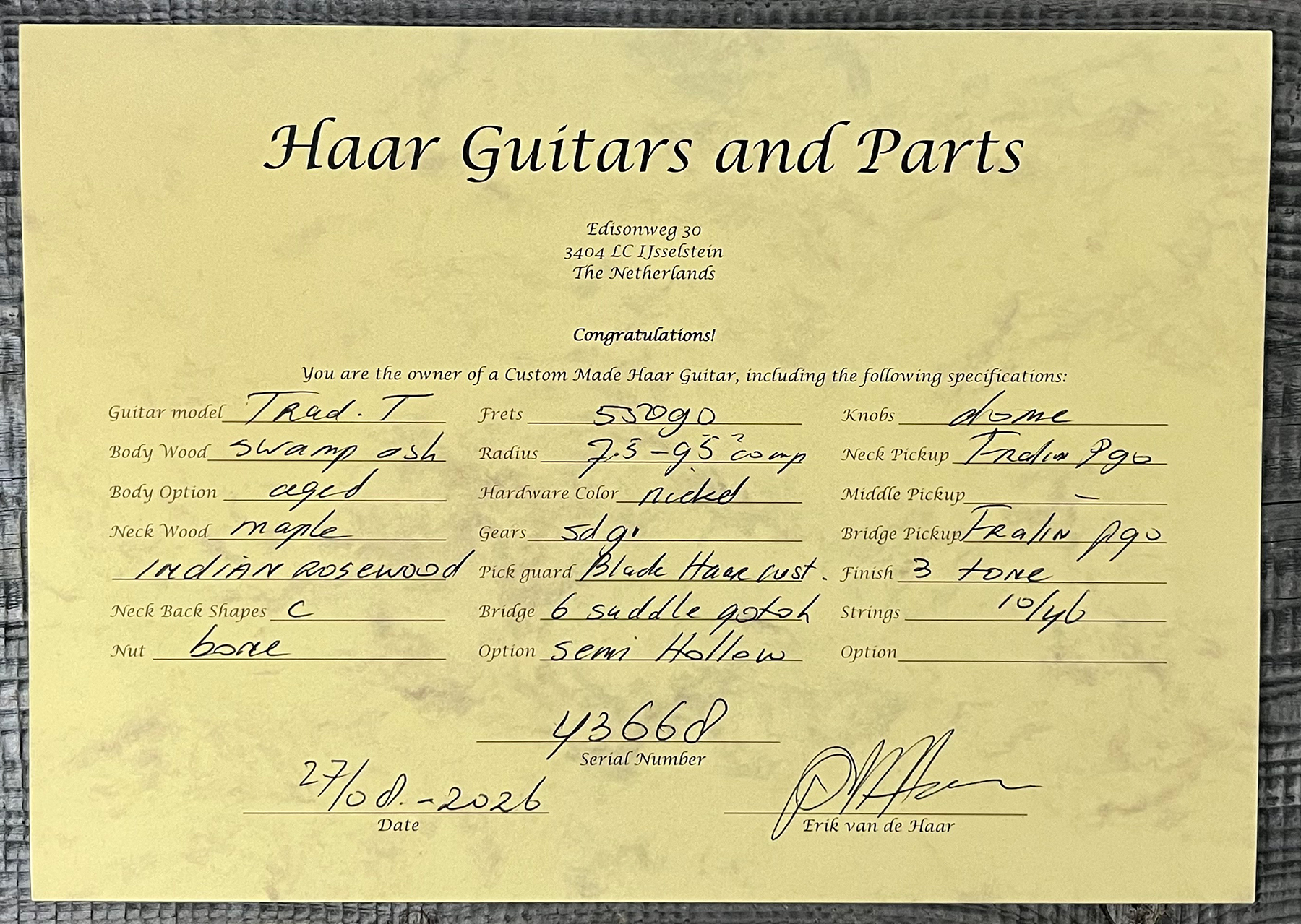 Haar Guitars Trad T Thinline 2s P90 Lindy Fralin Rw #43668 - Aged 3 Tone Sunburst - Guitare Électrique Forme Tel - Variation 13
